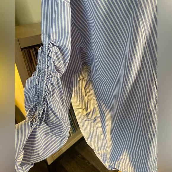 Free People Ruched Sleeve Blue Striped Collar Button Down Shirt - Picture 5 of 9